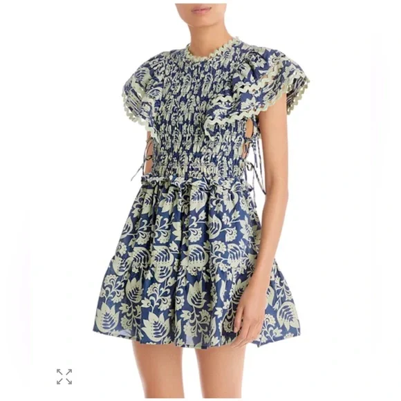 Sea NY Linda Smocked Blue and Green Patterned Mini Dress - Picture 1 of 5